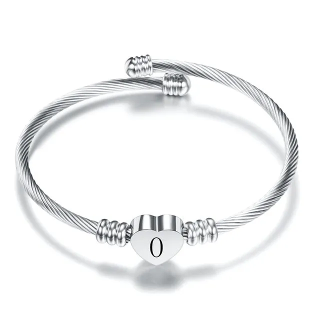 Fashion Heart Charm Engraved Alphabet Cuff Bangles