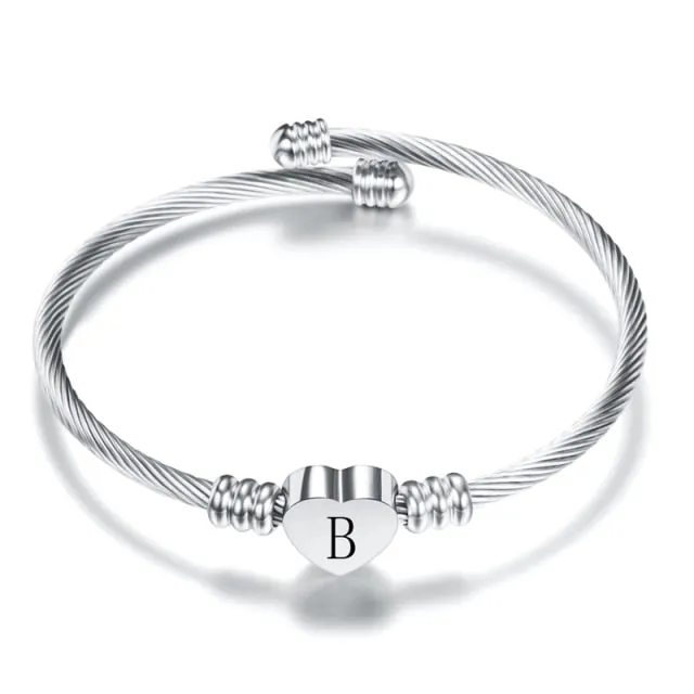 Fashion Heart Charm Engraved Alphabet Cuff Bangles