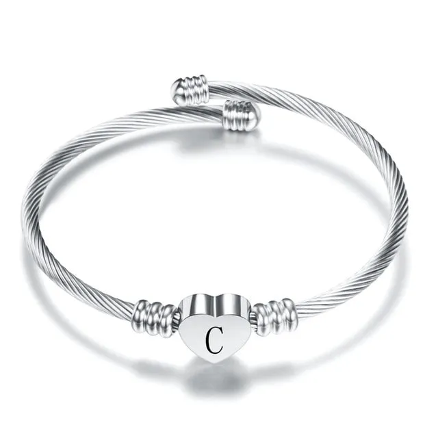 Fashion Heart Charm Engraved Alphabet Cuff Bangles
