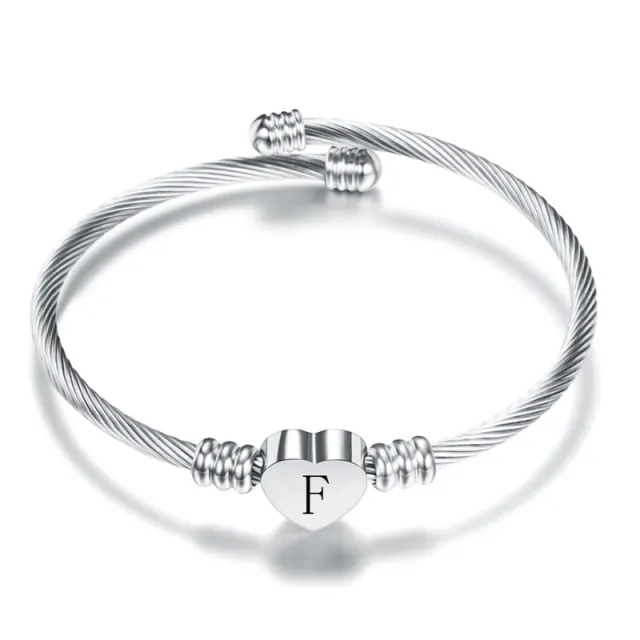 Fashion Heart Charm Engraved Alphabet Cuff Bangles