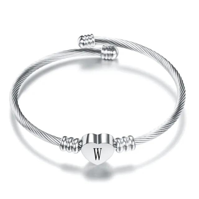 Fashion Heart Charm Engraved Alphabet Cuff Bangles