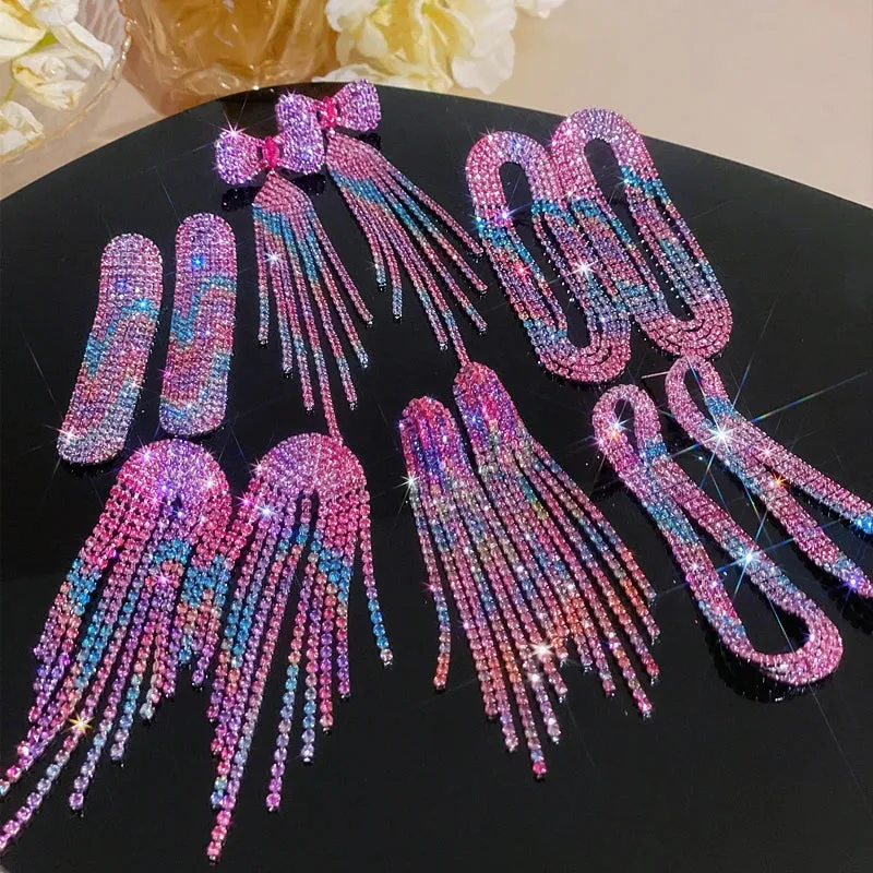 Fashion Rhinestone Long Tassel Earrings