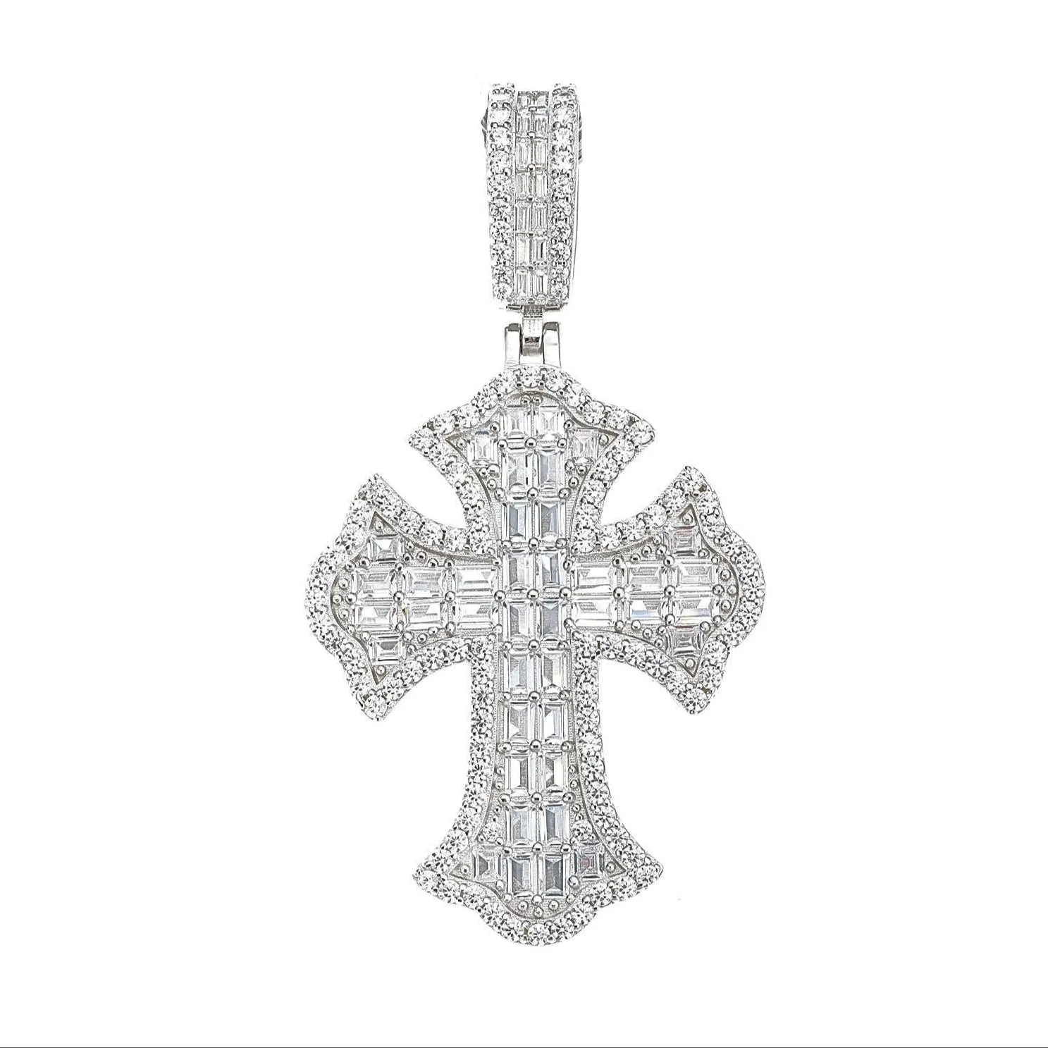 Fleur De Lis Gothic Tupac Cross Sterling Double Baguette Cubic Zirconia 1.5" Pendant Charm - C300079