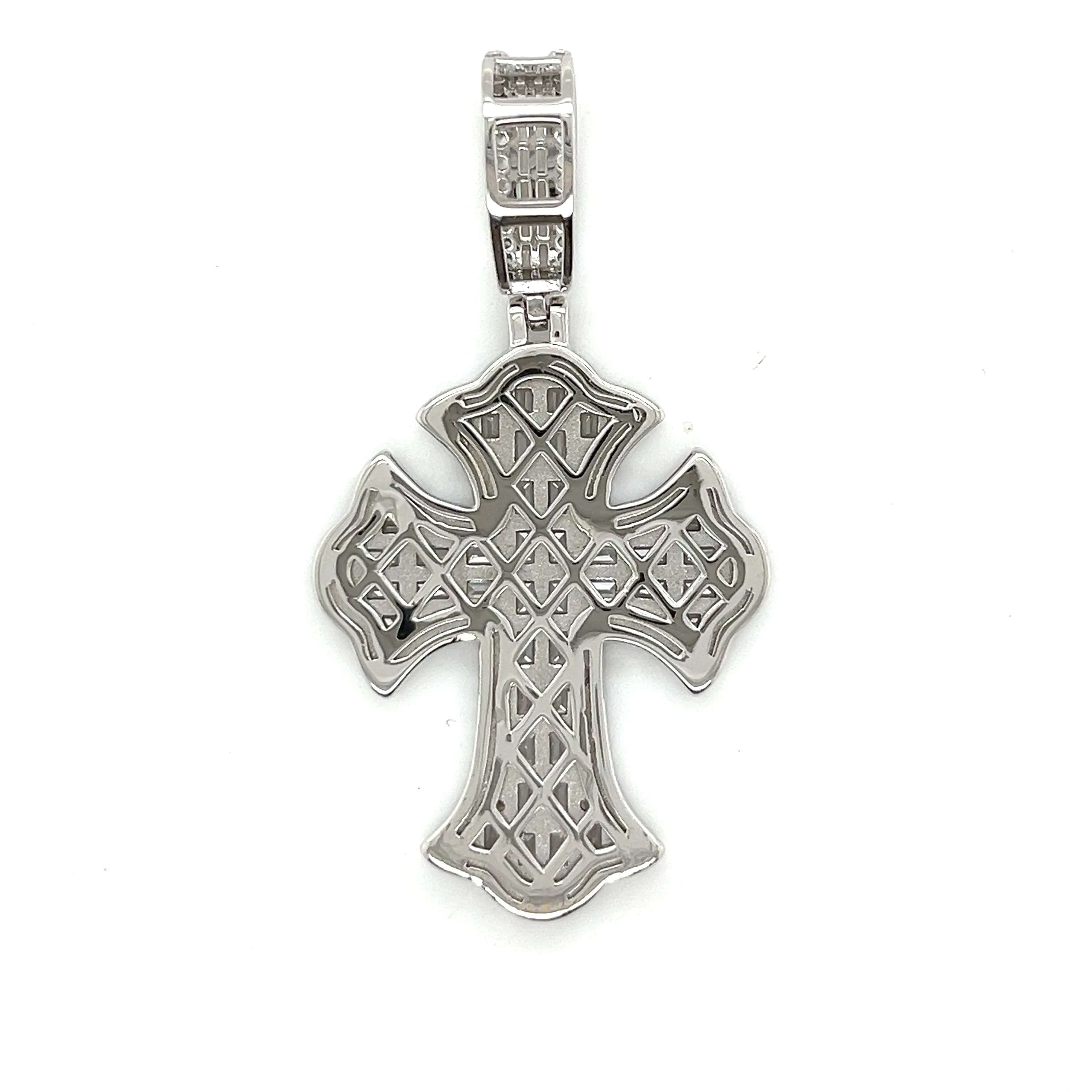 Fleur De Lis Gothic Tupac Cross Sterling Double Baguette Cubic Zirconia 1.5" Pendant Charm - C300079