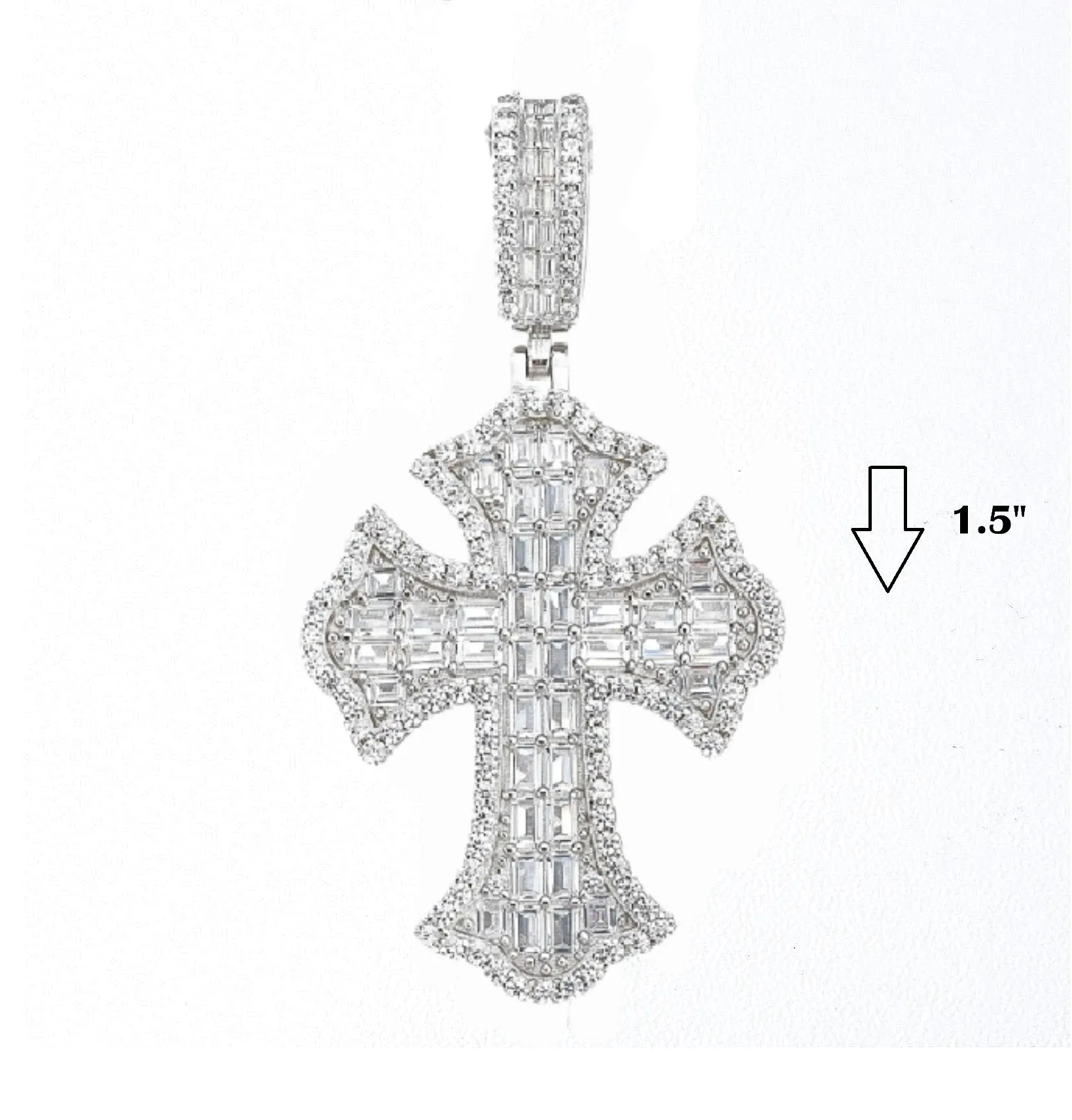 Fleur De Lis Gothic Tupac Cross Sterling Double Baguette Cubic Zirconia 1.5" Pendant Charm - C300079