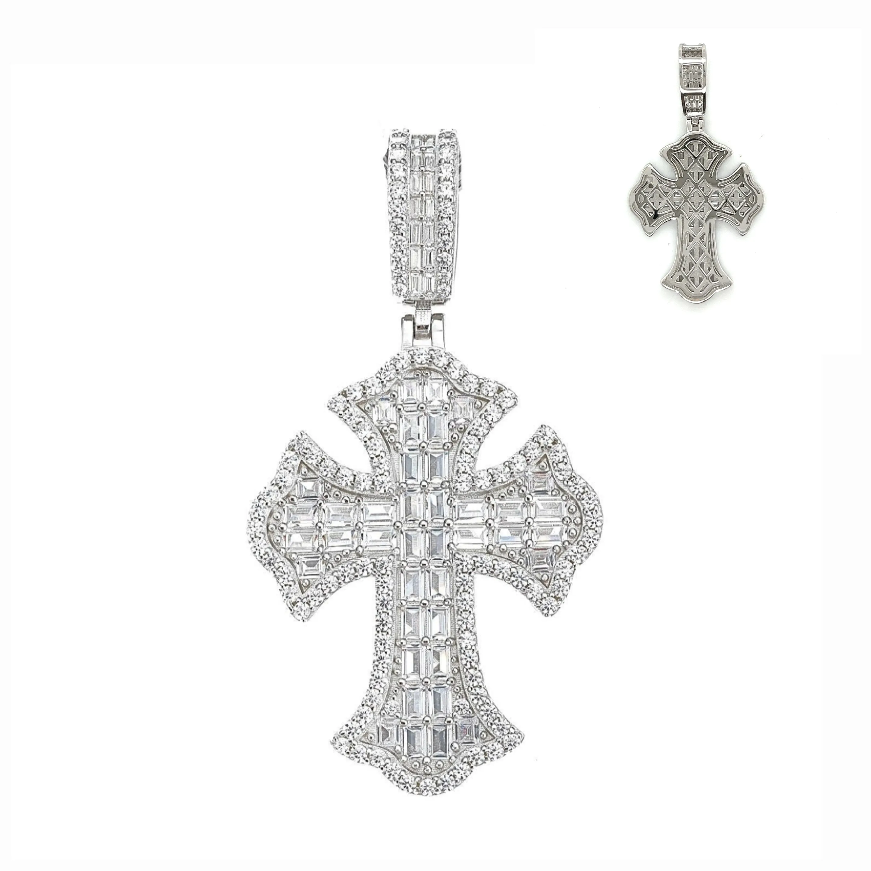 Fleur De Lis Gothic Tupac Cross Sterling Double Baguette Cubic Zirconia 1.5" Pendant Charm - C300079