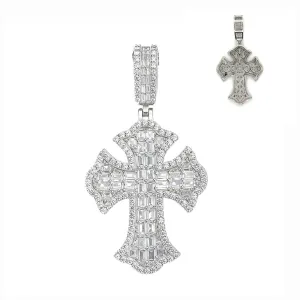 Fleur De Lis Gothic Tupac Cross Sterling Double Baguette Cubic Zirconia 1.5" Pendant Charm - C300079