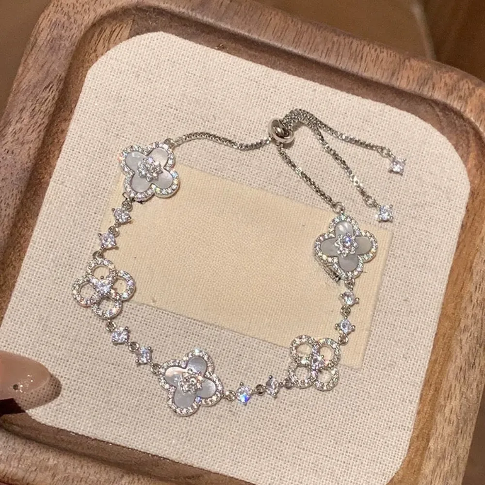 Flower Inspired Adjustable Chain Bracelet With Crystal Accents