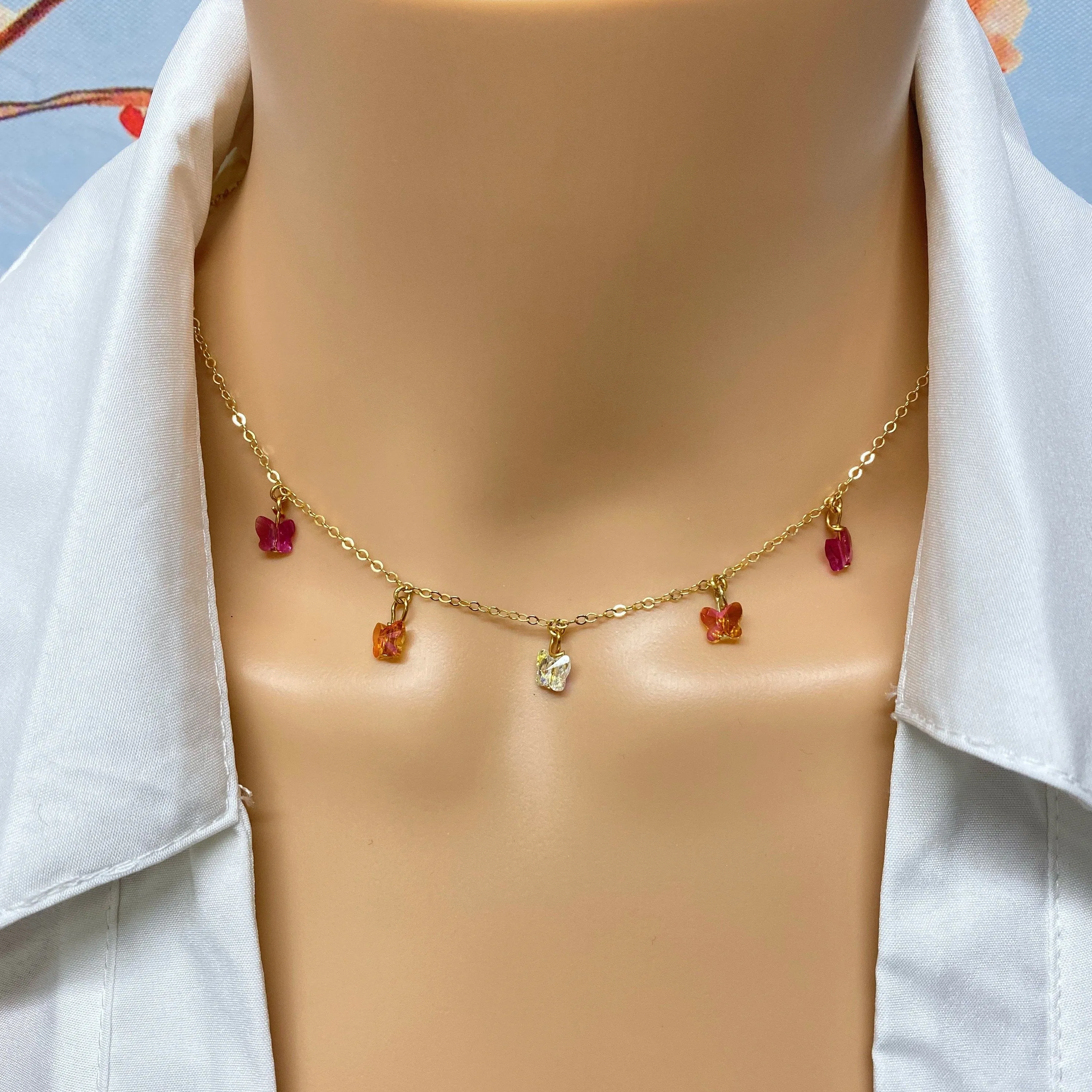 Fuchsia Pink Brite Orange Crystal Butterfly Choker 14K Gold Necklace