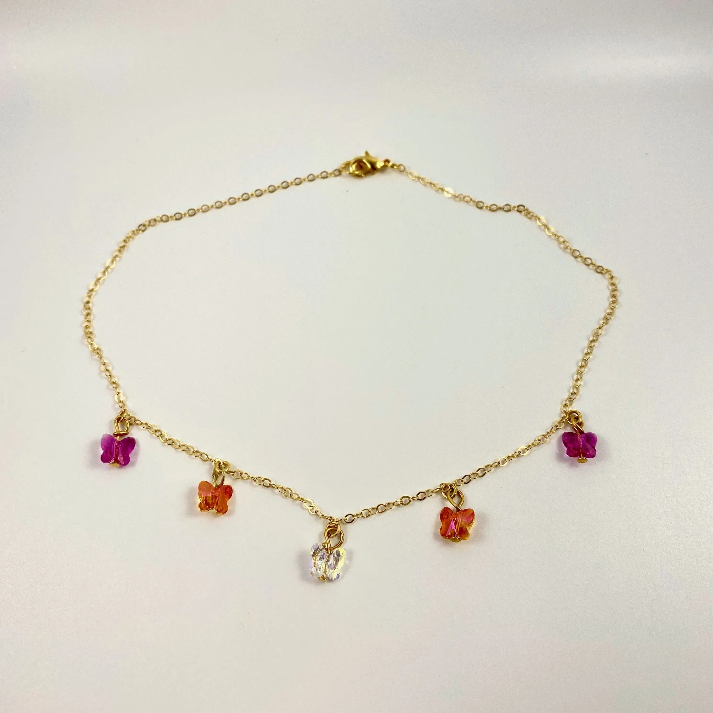 Fuchsia Pink Brite Orange Crystal Butterfly Choker 14K Gold Necklace
