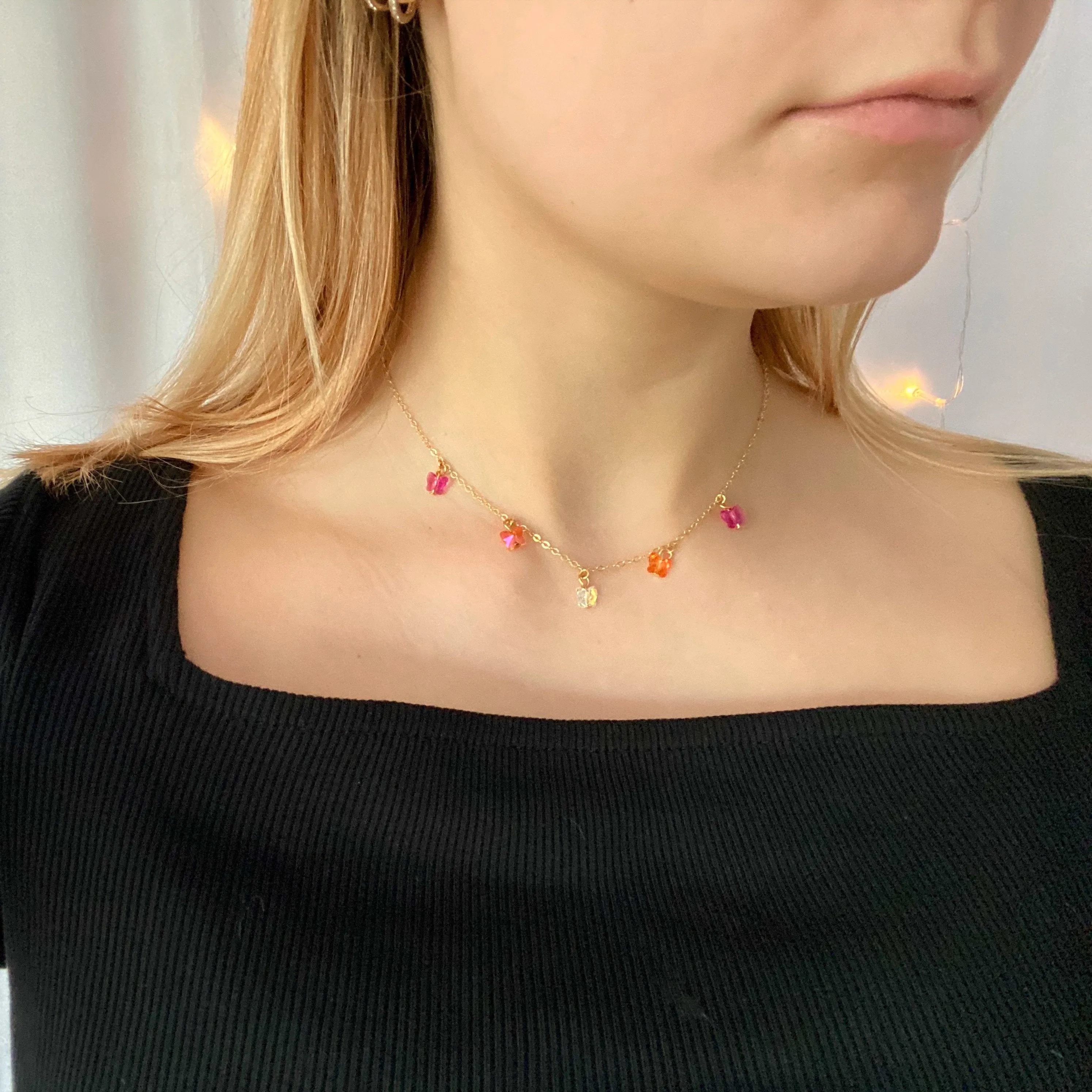 Fuchsia Pink Brite Orange Crystal Butterfly Choker 14K Gold Necklace