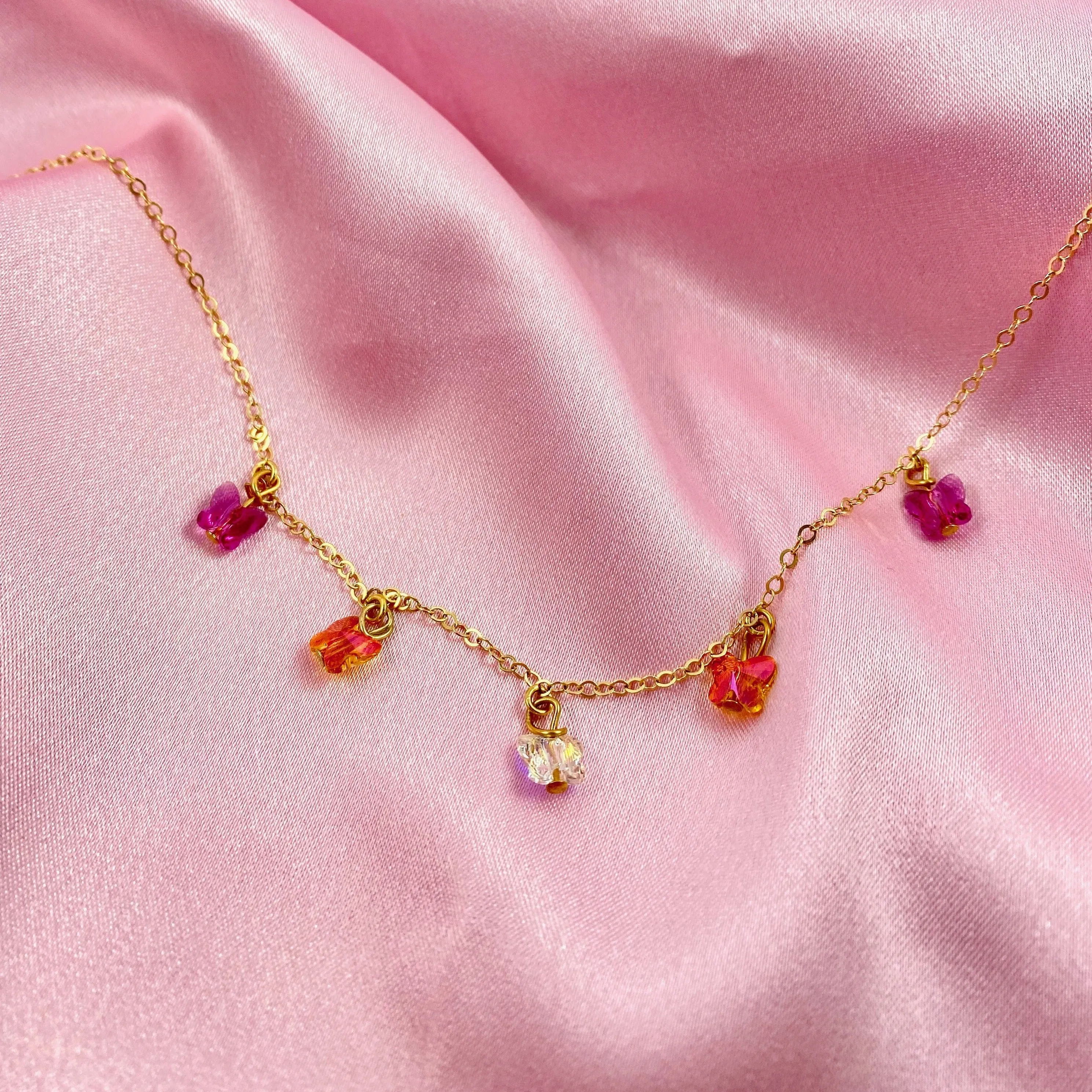 Fuchsia Pink Brite Orange Crystal Butterfly Choker 14K Gold Necklace