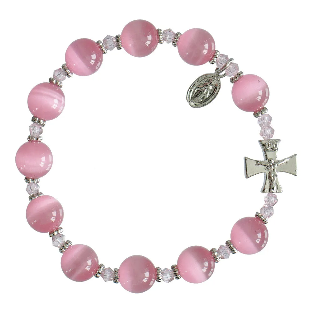Genuine Pink Cats Eye Rosary Bracelet (10 mm)