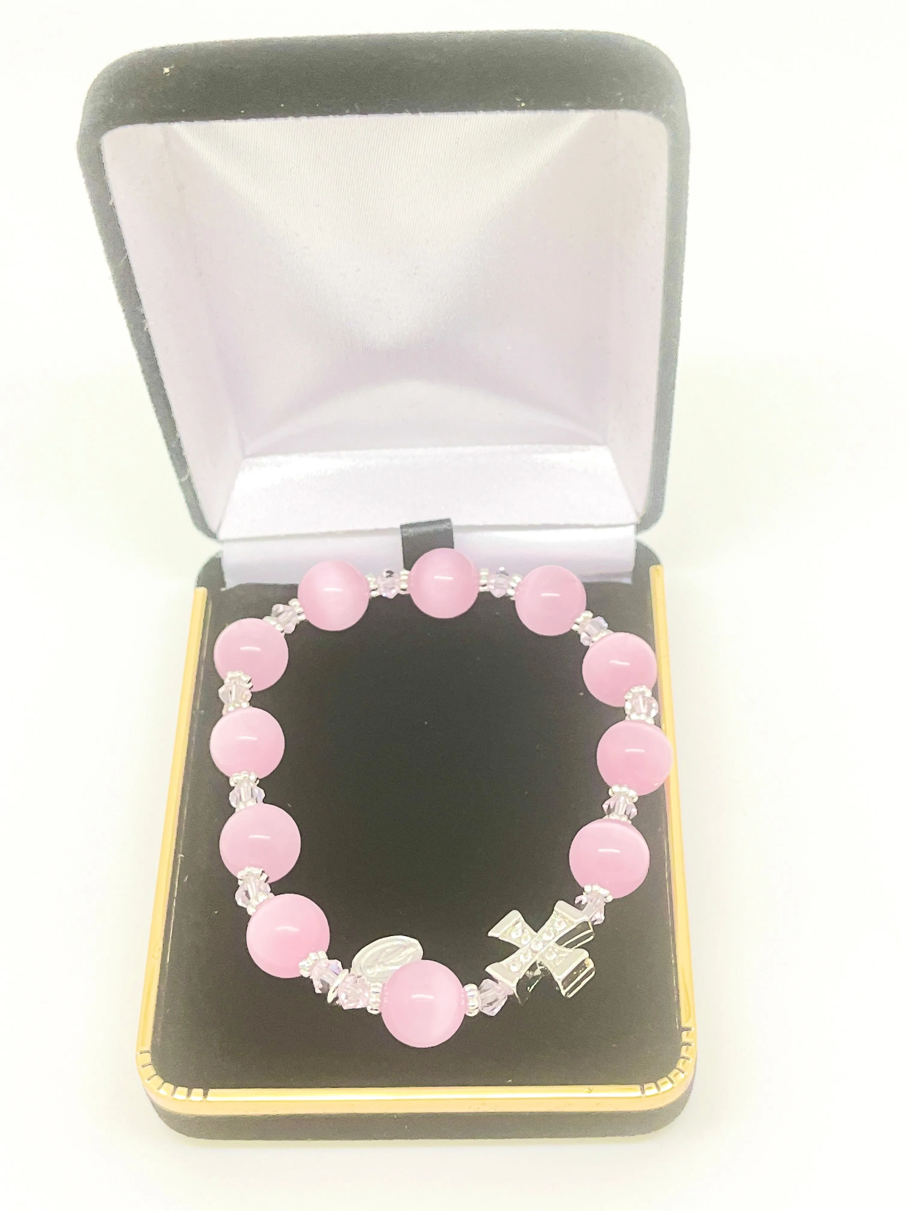 Genuine Pink Cats Eye Rosary Bracelet (10 mm)