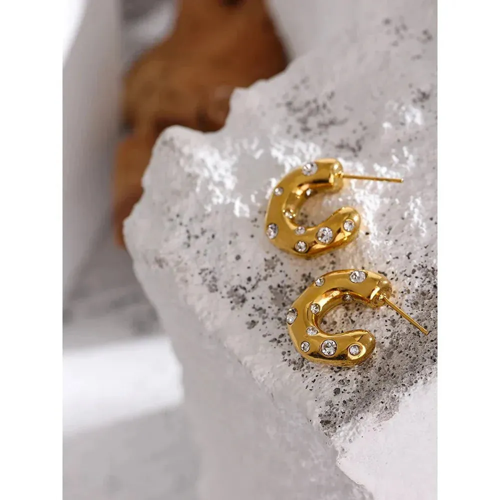 Geometric Chunky Stud Earrings with Delicate Cubic Zirconia for Women