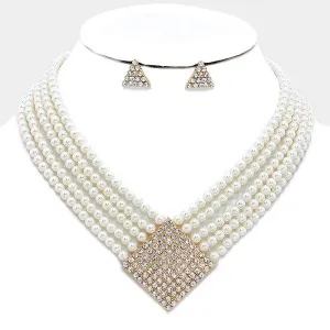 Geometric Crystal Multi-Strand Cream Pearl Necklace Set