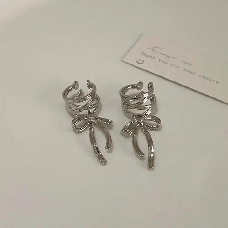 Geometric CZ Inliad Ribbon Bowknot Ear Wrap Earrings