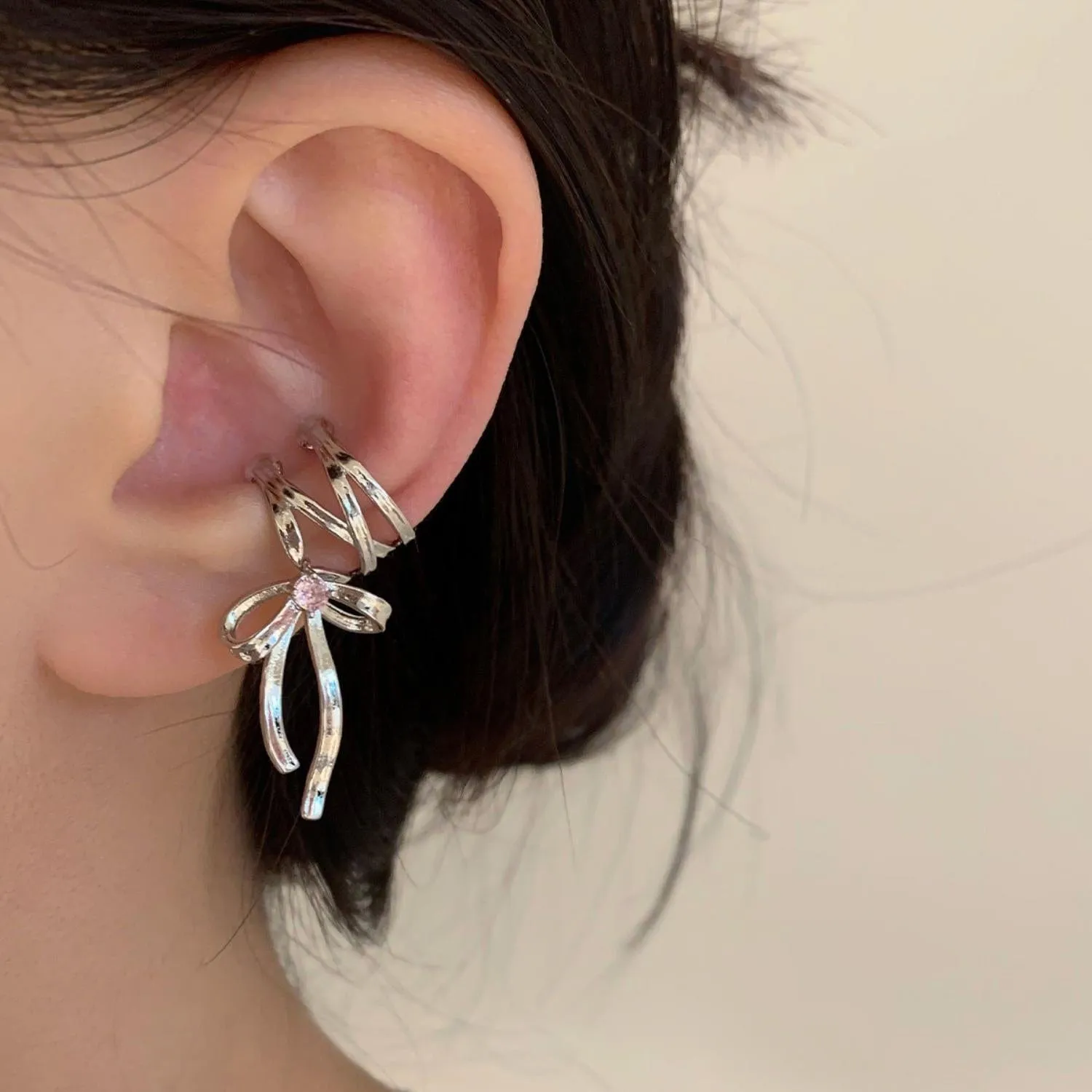 Geometric CZ Inliad Ribbon Bowknot Ear Wrap Earrings