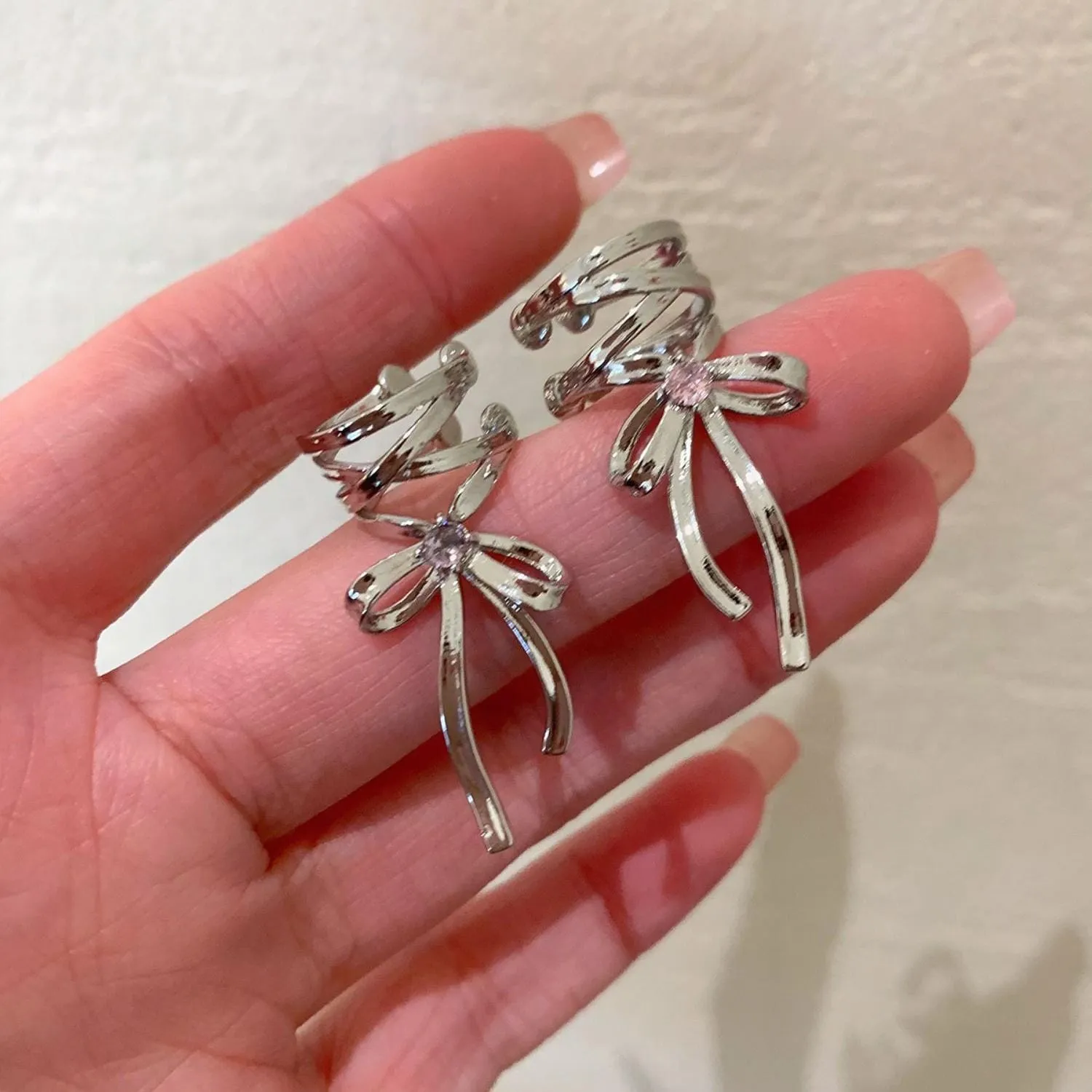 Geometric CZ Inliad Ribbon Bowknot Ear Wrap Earrings
