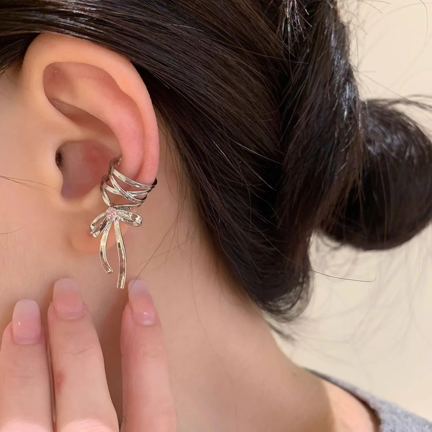 Geometric CZ Inliad Ribbon Bowknot Ear Wrap Earrings