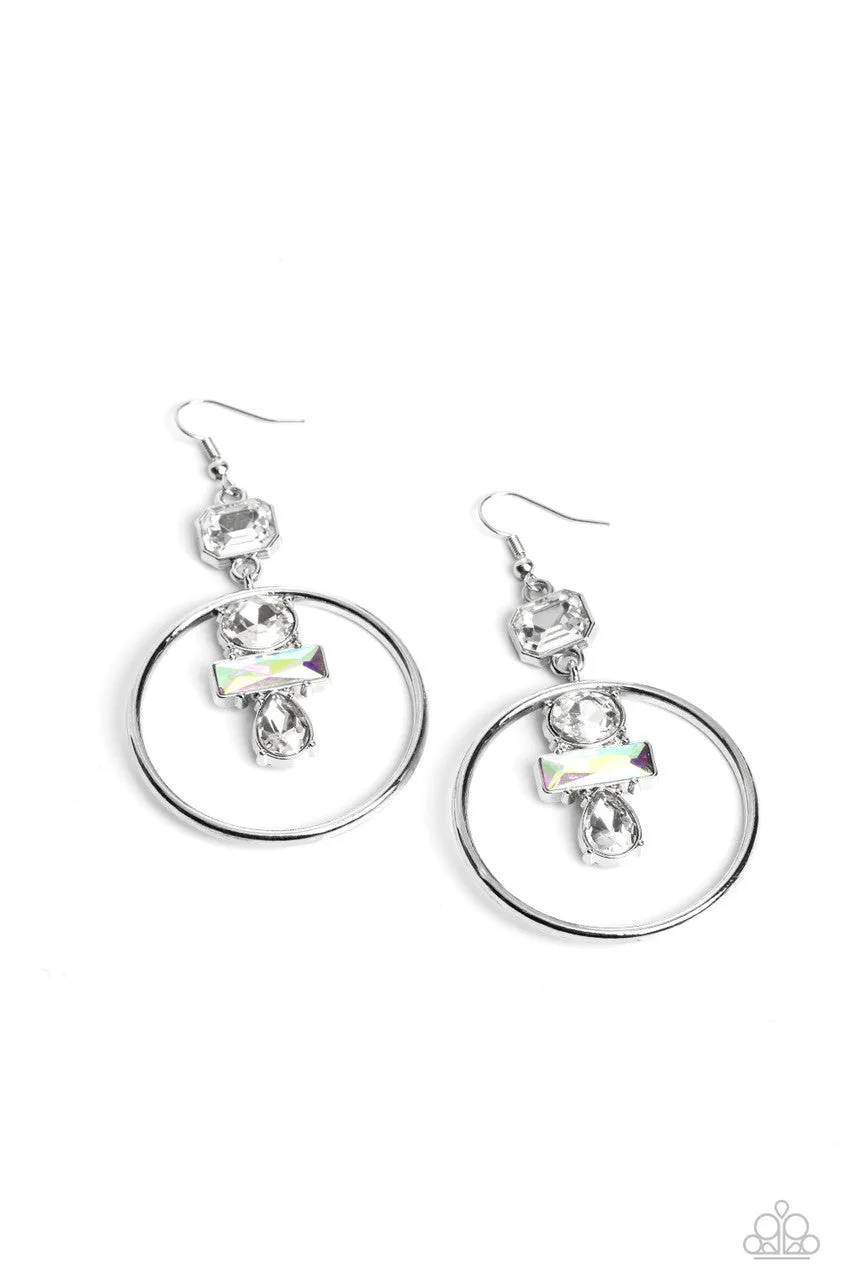 Geometric Glam - White - Iridescent Rhinestone Geometric Hoop Paparazzi Fishhook Earrings