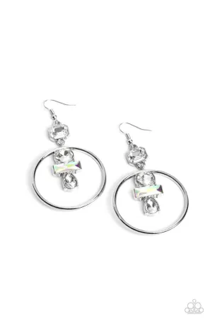 Geometric Glam - White - Iridescent Rhinestone Geometric Hoop Paparazzi Fishhook Earrings