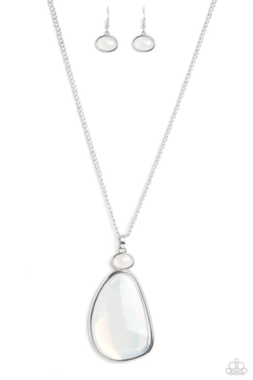 Geometric Glow - White - Opalescent Oversized Pendant Paparazzi Long Necklace