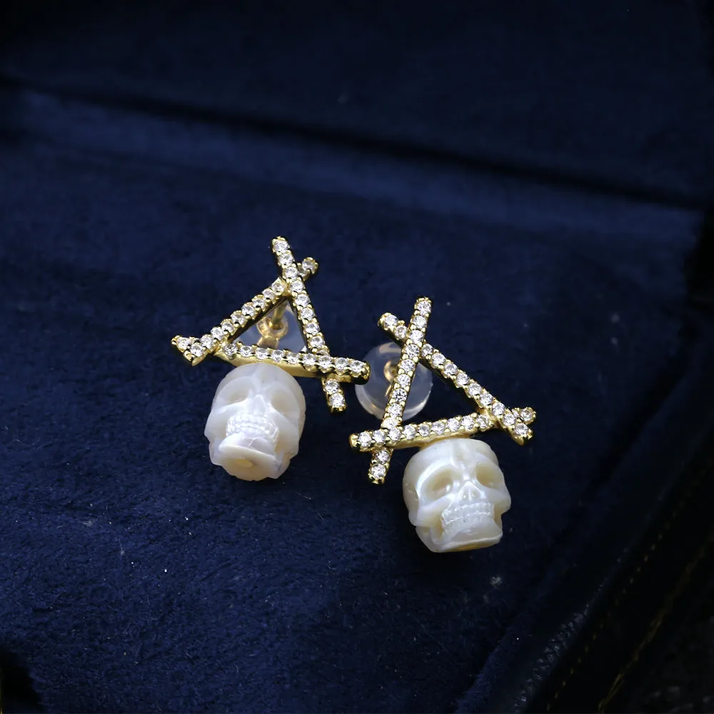 Geometric Initial Letter Alphabet Pearl Skull Stud Earrings