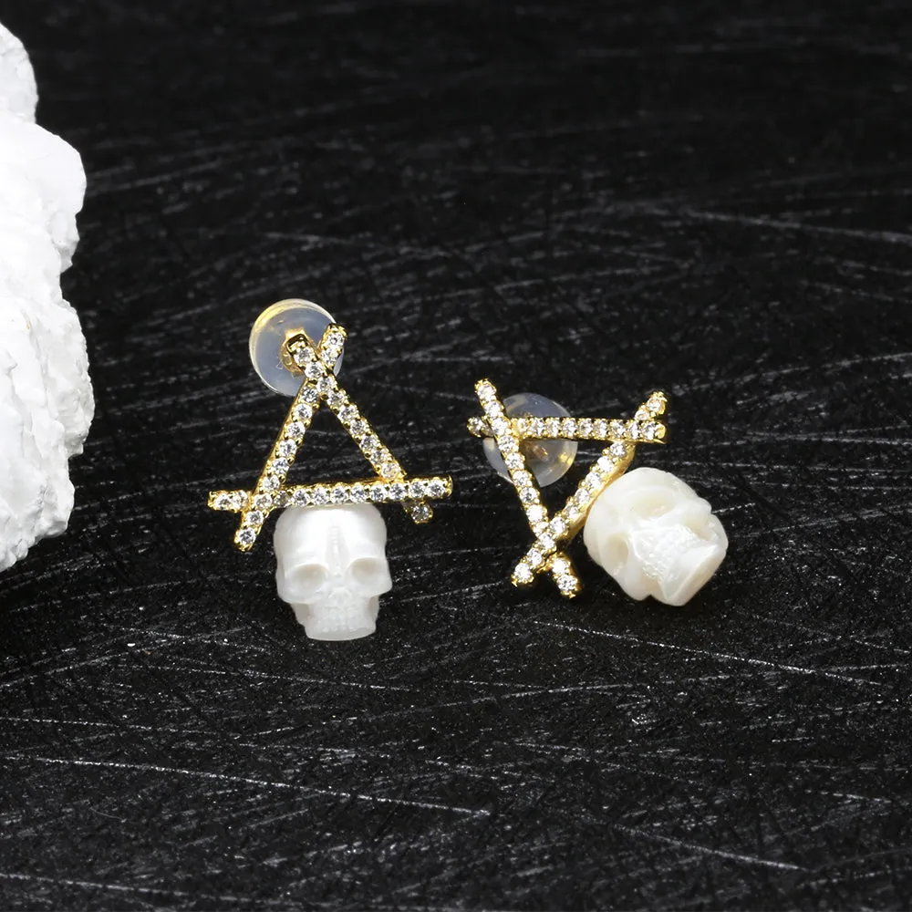 Geometric Initial Letter Alphabet Pearl Skull Stud Earrings