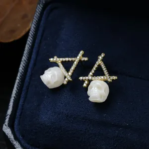 Geometric Initial Letter Alphabet Pearl Skull Stud Earrings
