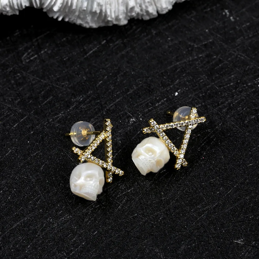 Geometric Initial Letter Alphabet Pearl Skull Stud Earrings