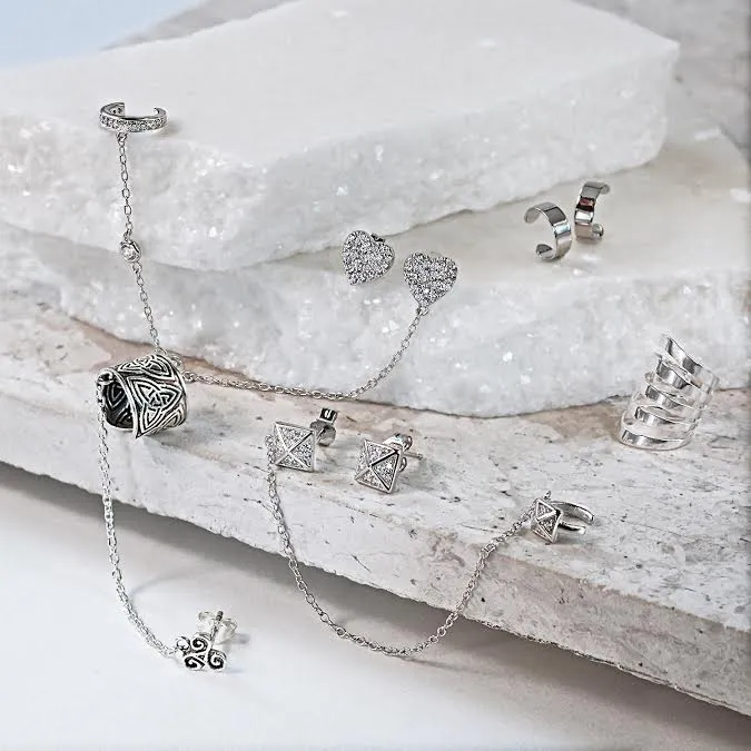 Geometric Pyramid Chain Ear Cuff Cartilage Wrap Earring Pave CZ Stud Set Silver