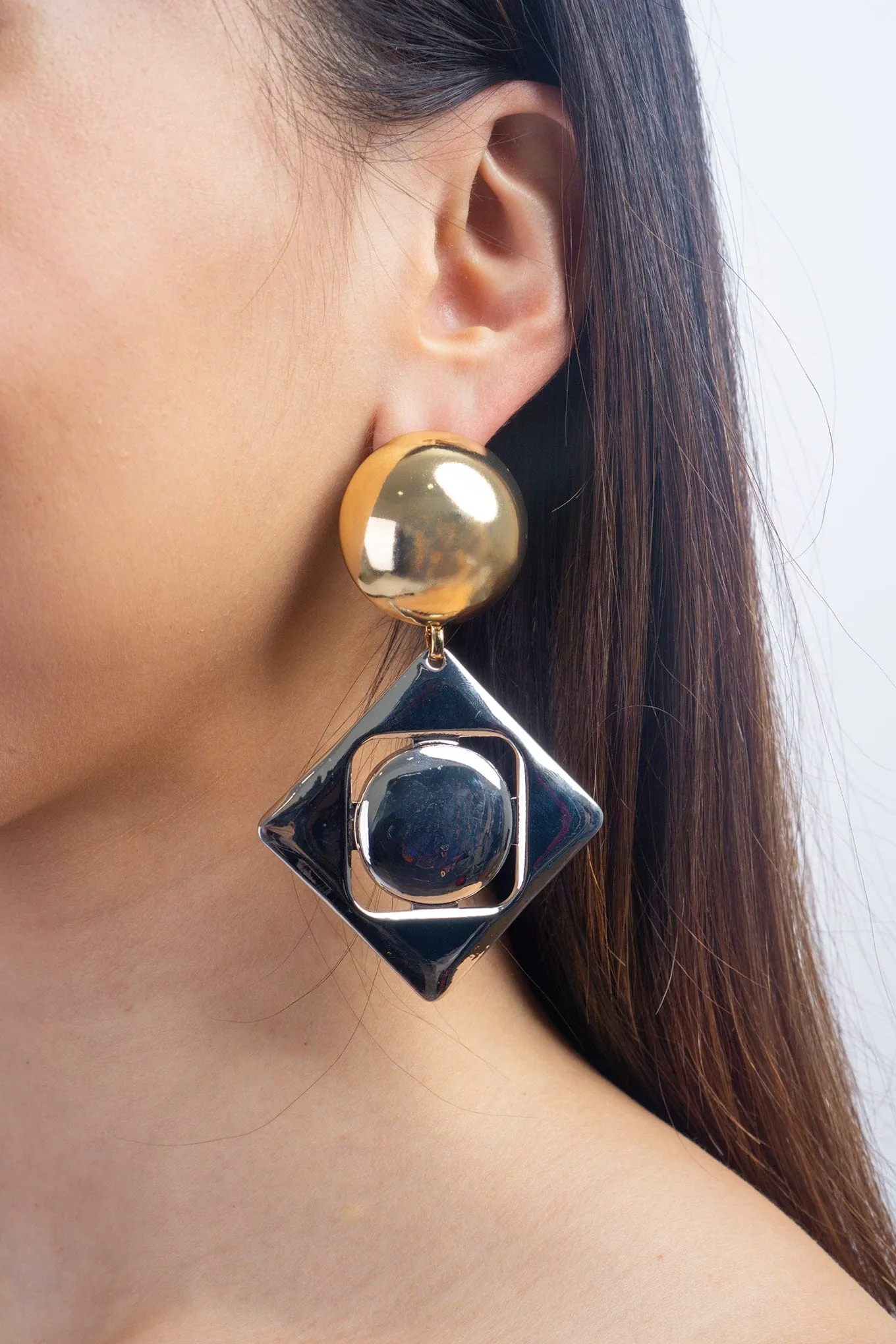 Geometric Square Diamond Two-Tone Earrings