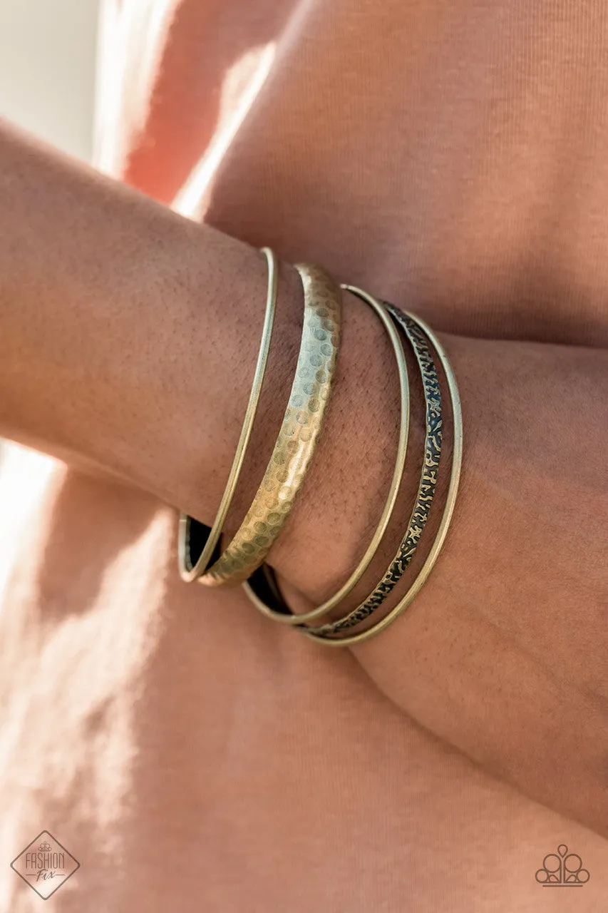 Get into Gear - Brass - Smooth, Hammered, Textured Paparazzi Bangle Bracelet - January 2021 Sunset Sightings