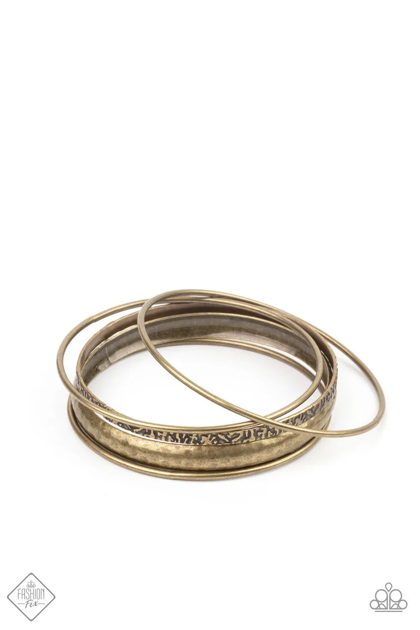 Get into Gear - Brass - Smooth, Hammered, Textured Paparazzi Bangle Bracelet - January 2021 Sunset Sightings