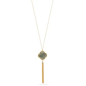GOLD GREEN MARBLE STONE PENDANT TASSEL NECKLACE #HNN89954GDBK (FG4)