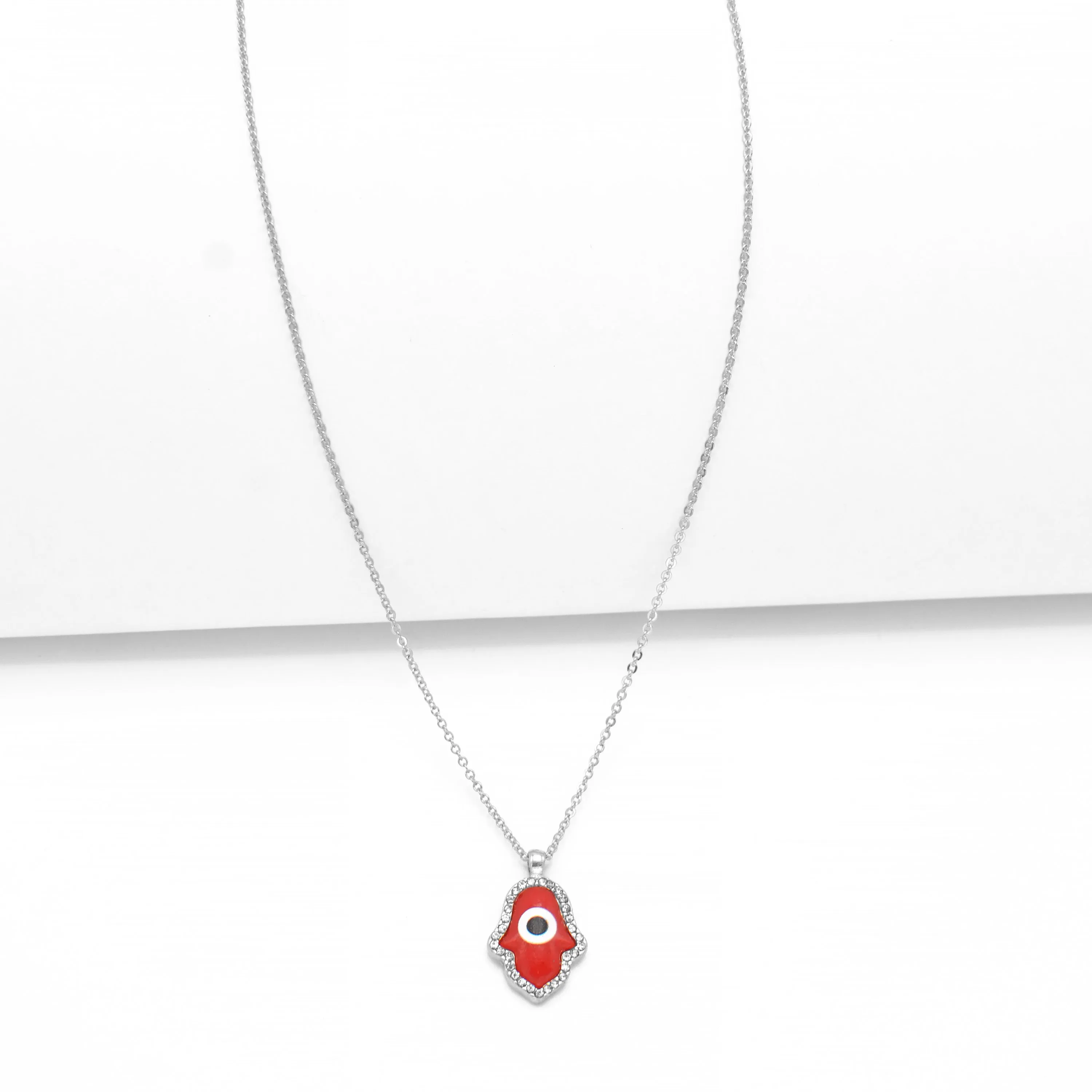 GOLD RED HAMSA HAND PENDANT SHORT NECKLACE  # HNN90662RD(LF16)