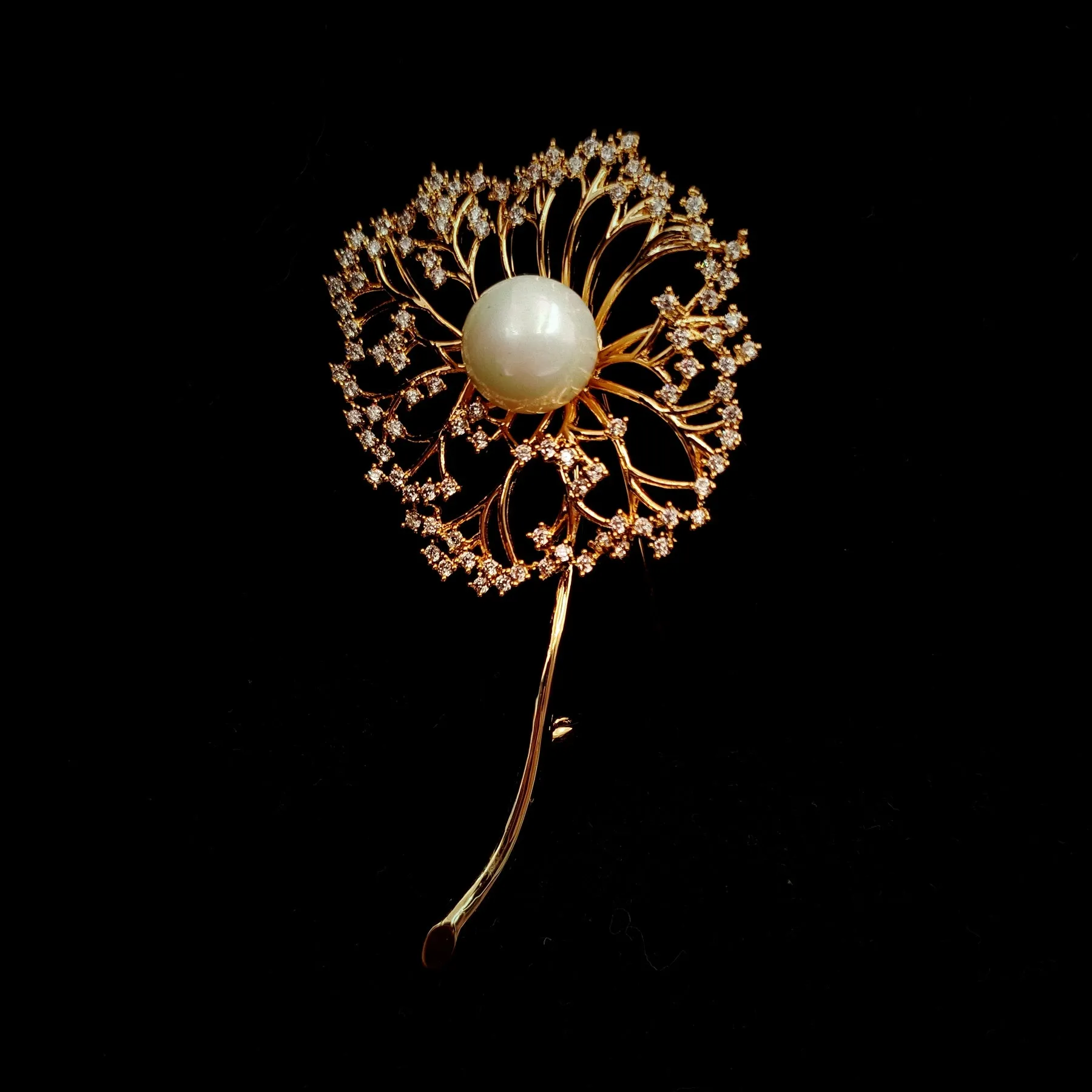 Gorgeous Gold Tone Mother of Pearl & Zircon Accent Dandelion Brooches Pins
