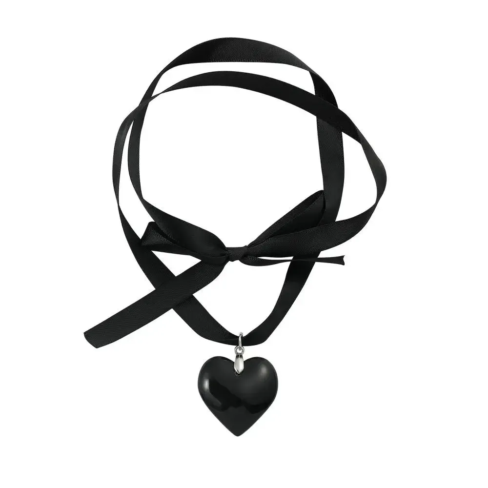 Goth Black Velvet Big Heart Pendant Choker Necklace for Women Elegant Weave Knotted Bowknot Adjustable Chain