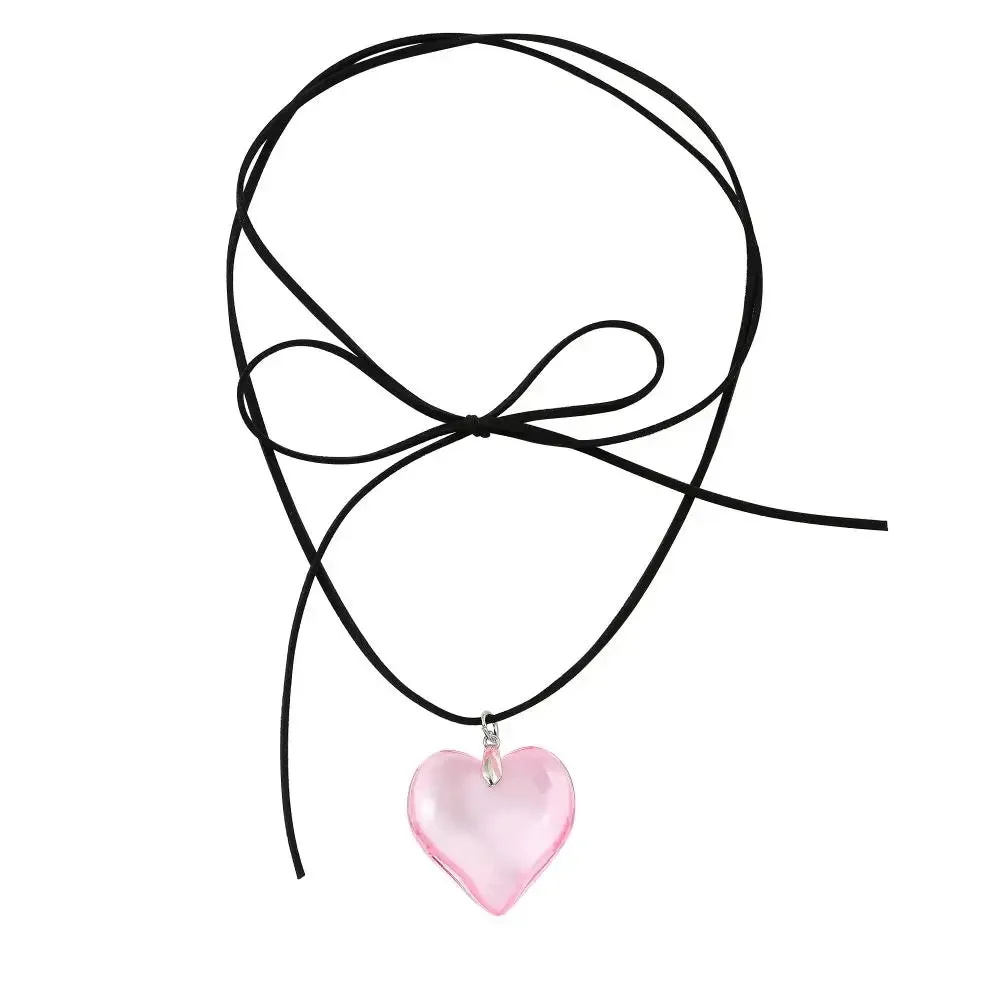 Goth Black Velvet Big Heart Pendant Choker Necklace for Women Elegant Weave Knotted Bowknot Adjustable Chain