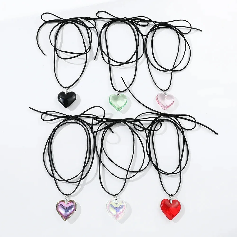 Goth Black Velvet Big Heart Pendant Choker Necklace for Women Elegant Weave Knotted Bowknot Adjustable Chain