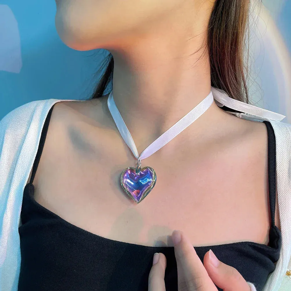 Goth Black Velvet Big Heart Pendant Choker Necklace for Women Elegant Weave Knotted Bowknot Adjustable Chain