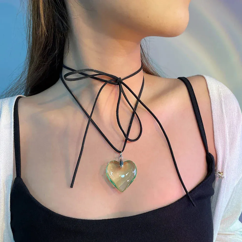 Goth Black Velvet Big Heart Pendant Choker Necklace for Women Elegant Weave Knotted Bowknot Adjustable Chain