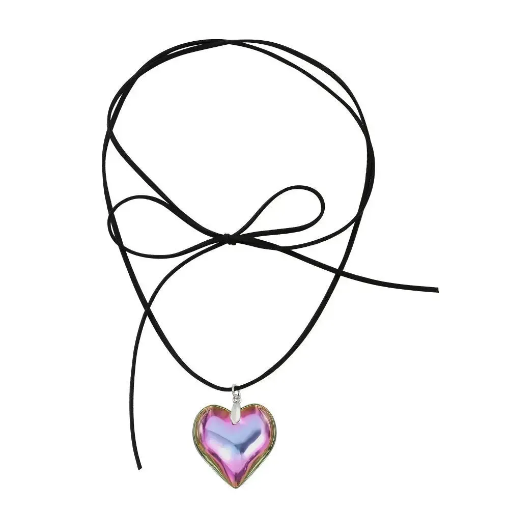 Goth Black Velvet Big Heart Pendant Choker Necklace for Women Elegant Weave Knotted Bowknot Adjustable Chain
