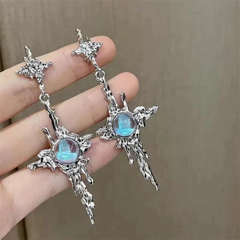 Gothic Irregular Moonstone Star Earrings – Trendy Asymmetrical Design