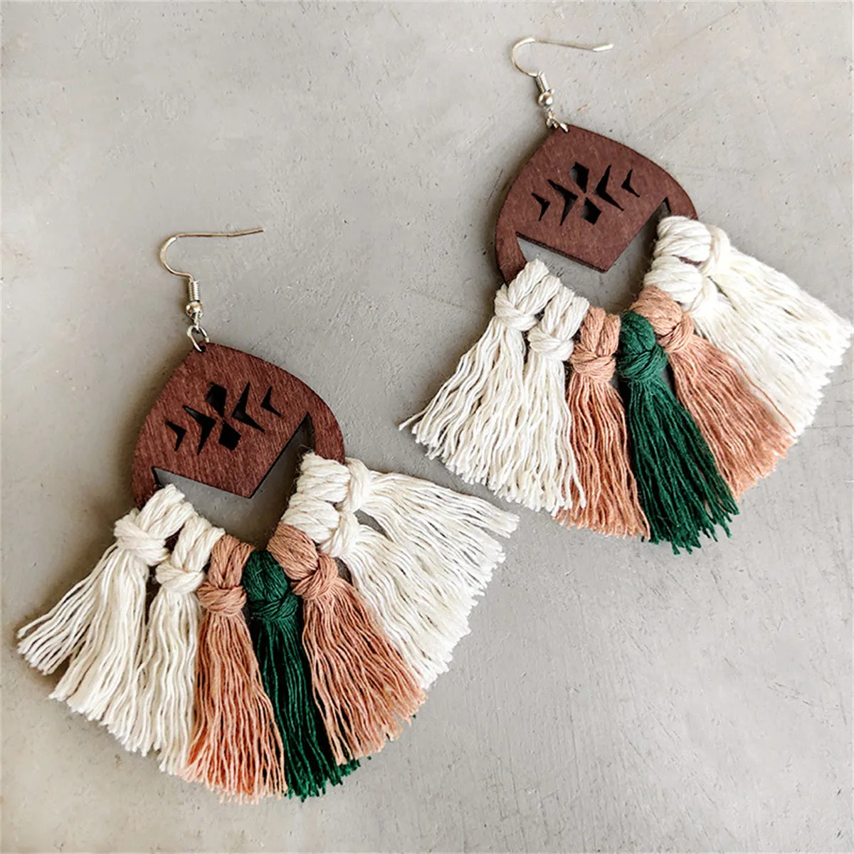 Green & Blush Tassel Etched Wood Drop Earrings