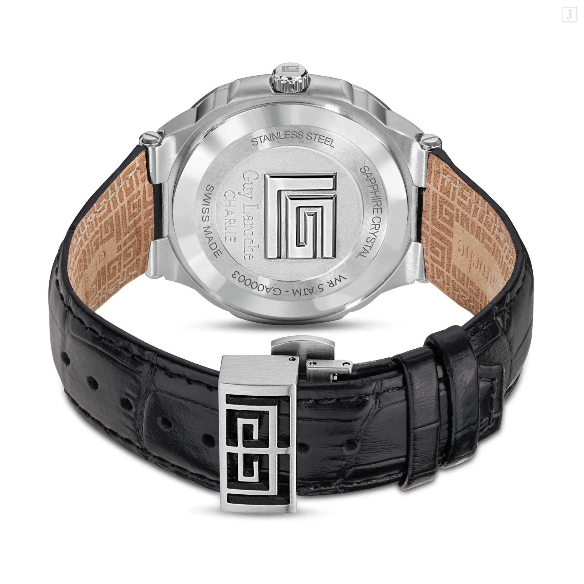 Guy Laroche Charlie Gents White Dial Stainless Steel Case Black Leather Strap Watch
