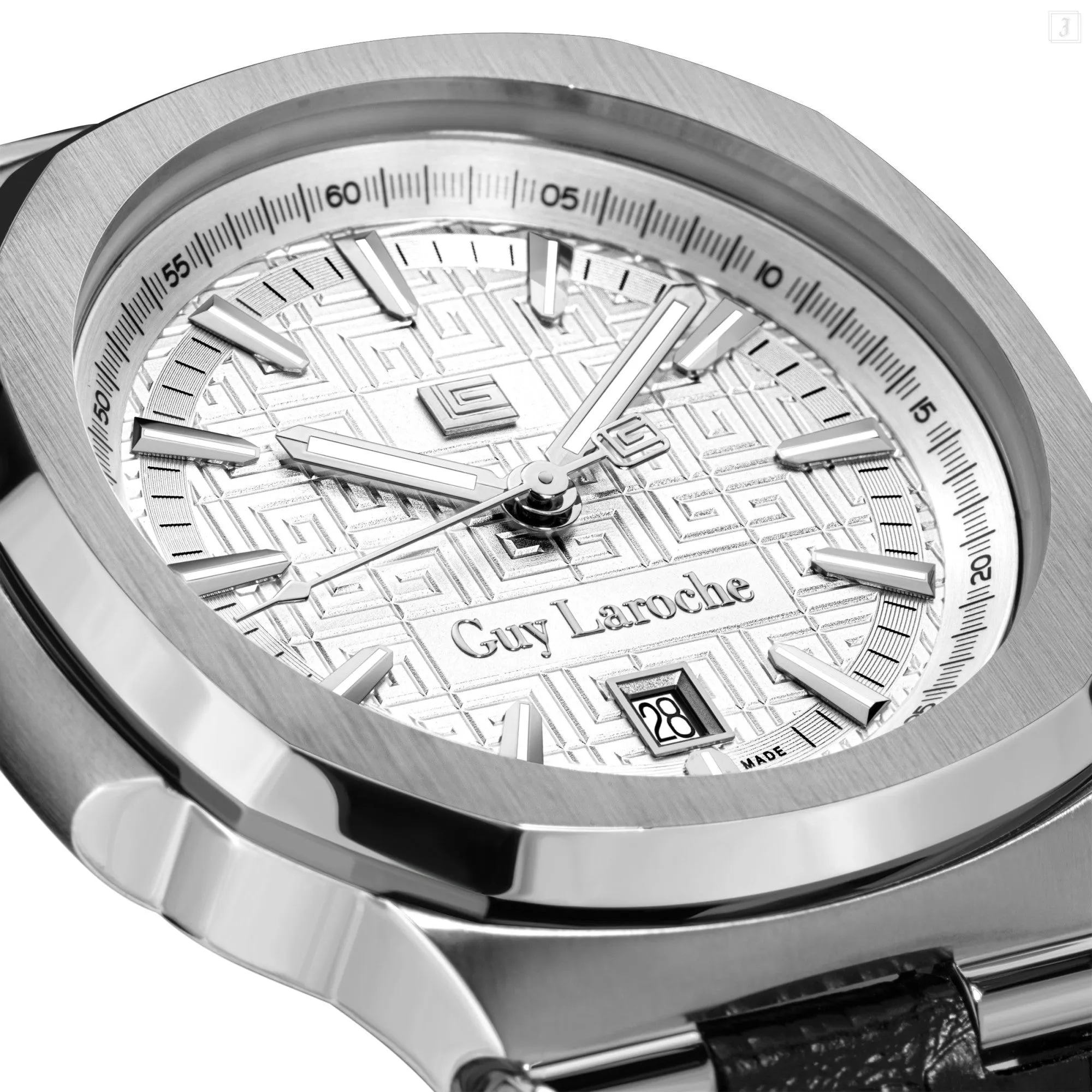 Guy Laroche Charlie Gents White Dial Stainless Steel Case Black Leather Strap Watch