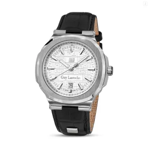 Guy Laroche Charlie Gents White Dial Stainless Steel Case Black Leather Strap Watch