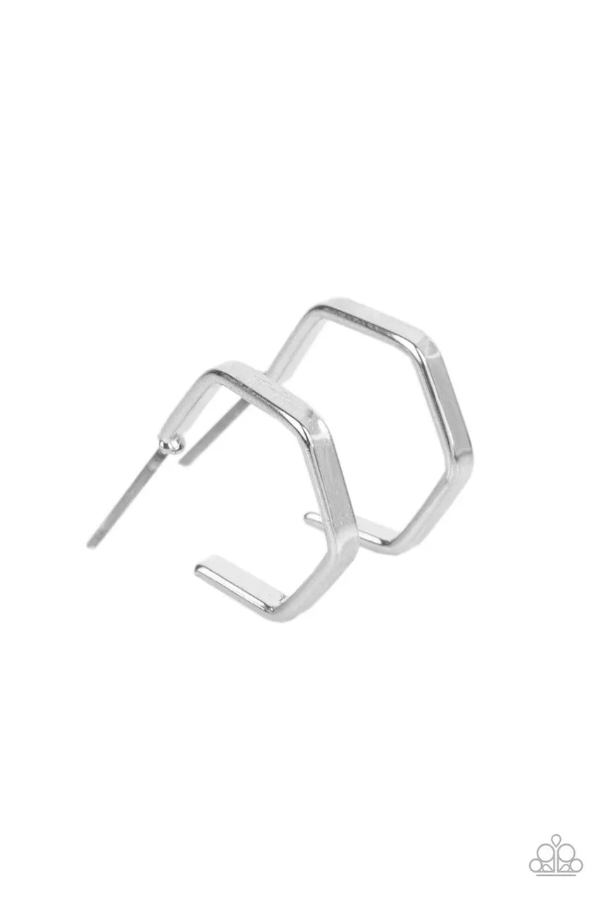 Haute Hexagons - Silver - Geometric Paparazzi Tiny Hoop Earrings
